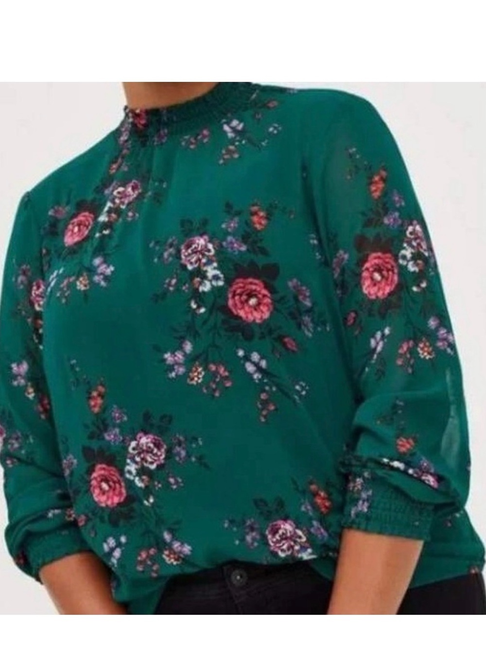 Torrid Sheer Floral Long Sleeve Smocked Mock Neck Turtleneck size 3